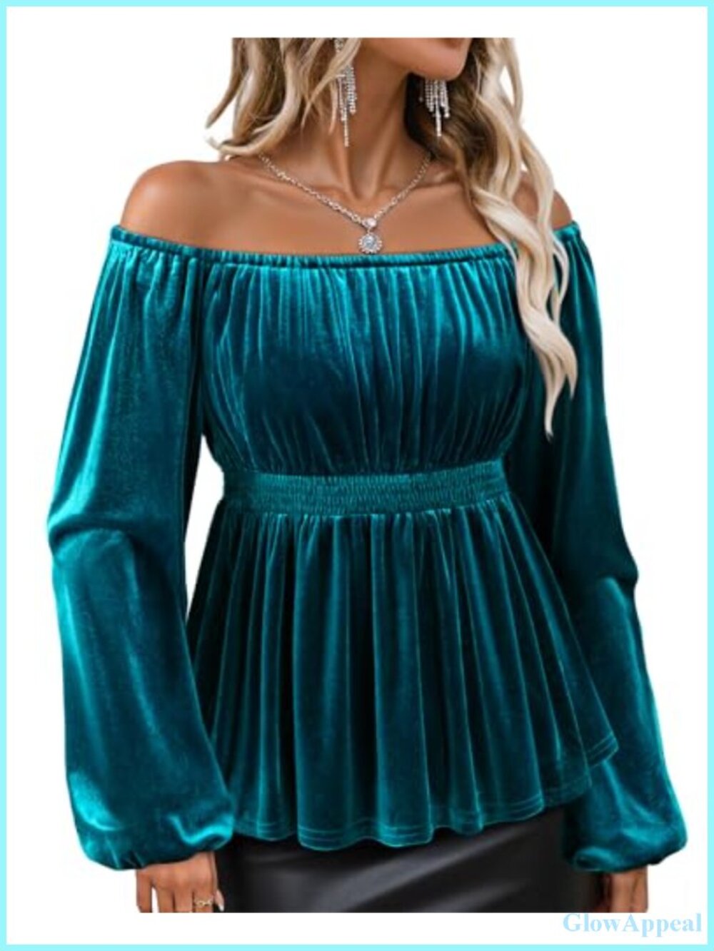 Velvet Off The Shoulder Peplum Blouse Ruffle Long Sleeve Dressy Top